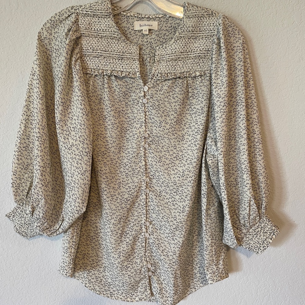 Boheme Tan Blouse with Puff Sleeves and Bib Collar